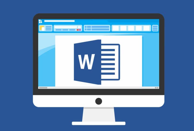 computadora con fondo azul y logotipo de palabra