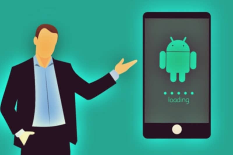 Dibujos animados móviles Android de un hombre apuntando