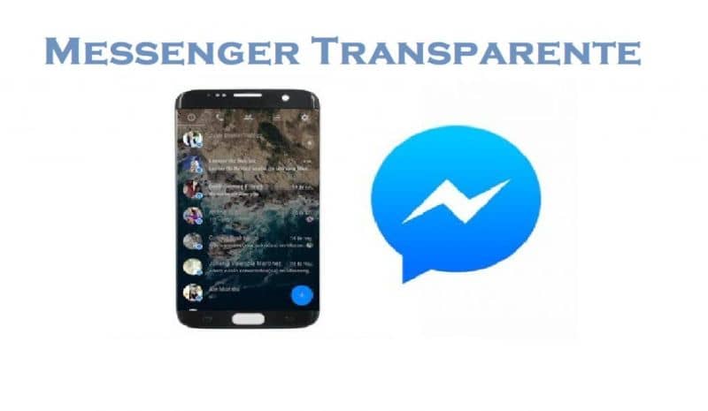 móvil con messenger transparente junto al logo de messenger y fondo blanco